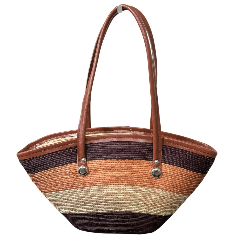 Vtg Brown & Tan Woven Basket Striped Shoulder Tote Bag Purse Crescent